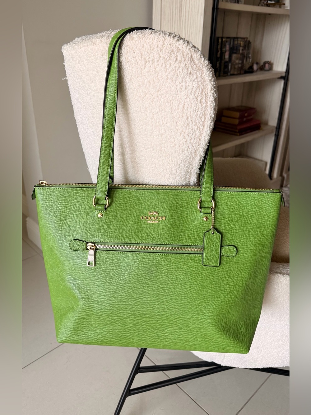 Large Coach Lime Green Leather Tote with Gold Hardware